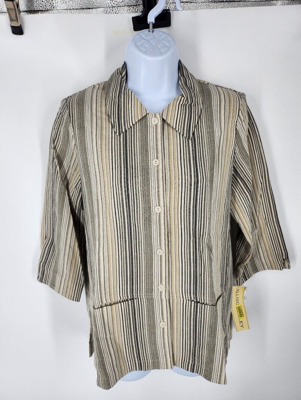 Allison Daley Earthy Striped Button Up Blouse Top Size 8 Neutral Grandmacore
